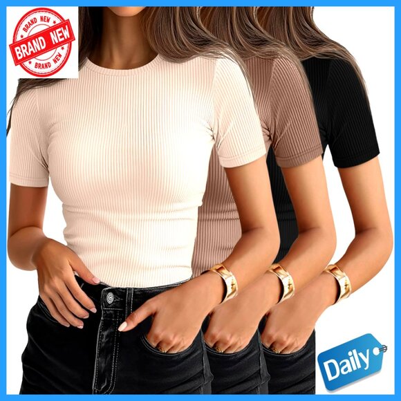 Ribbed Cotton T-Shirts 3 Pack Crewneck Fitted Basic Tees Casual Summer Trendy